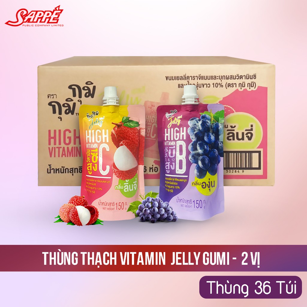 Thùng nước thạch jelly gumi gumi 2 vị nho và vải 150g (36 túi)