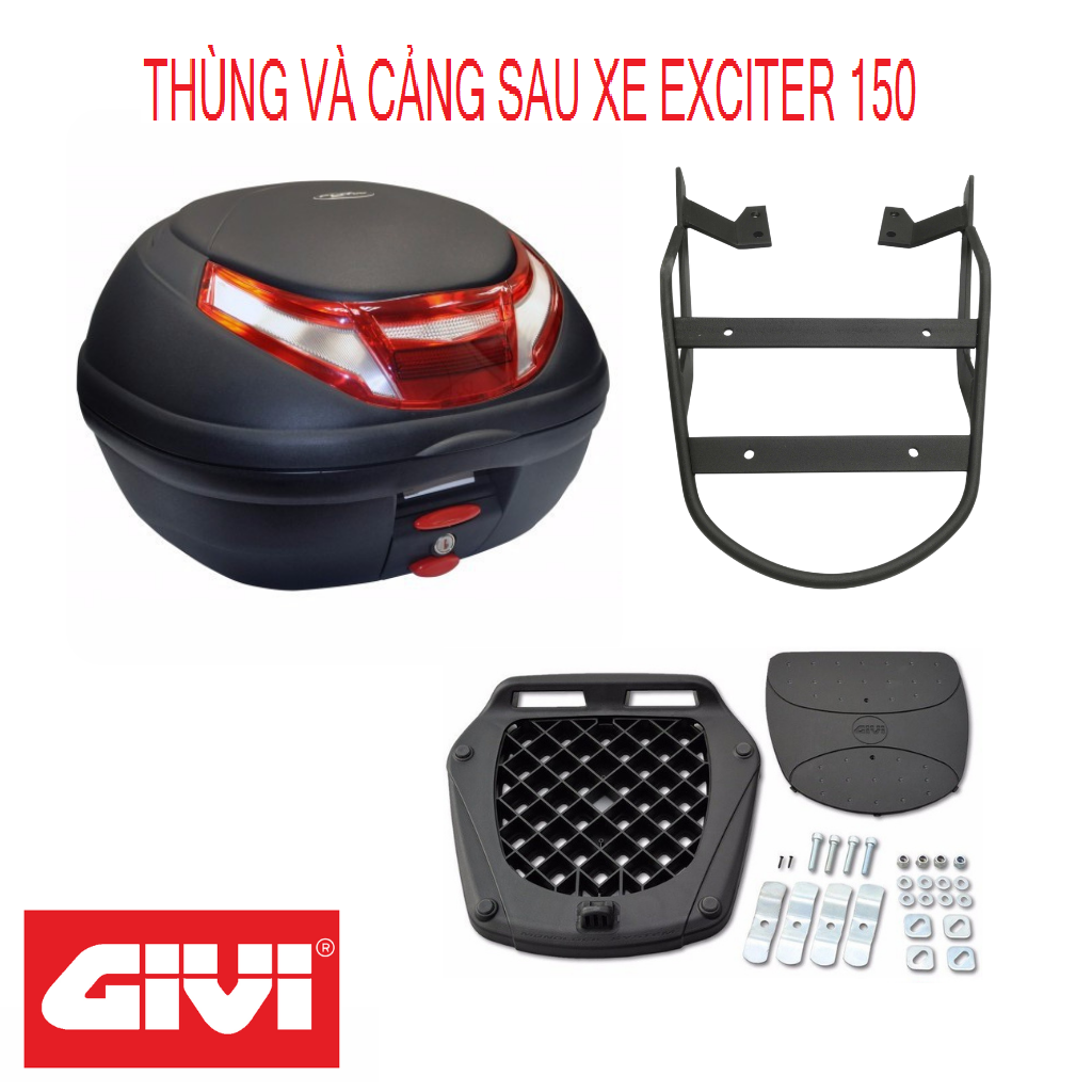 Combo Thùng Givi E350RN-S3 Có Đèn Led Kèm Đế Và Cảng Sau Cho Xe Exciter 150 Hàng Chính Hãng