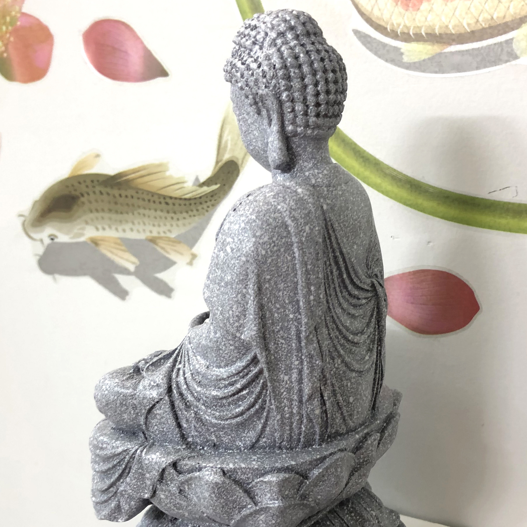 Tượng đá trang trí phòng thờ - Tượng đá Đức Phật A Di Đà ngồi thiền trên tòa sen - Chiều cao 20cm - Màu đá xám