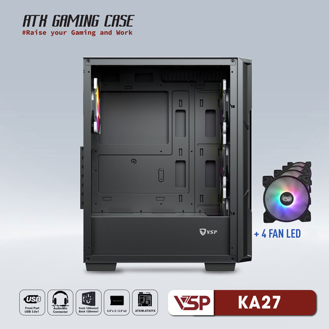 Vỏ máy tính Case VSP KA27 [ĐEN] sẵn 4 Fan LED ~ Gaming 2 mặt kính cường lực (M-ATX/ITX) - Hàng chính hãng TECH VISION phân phối