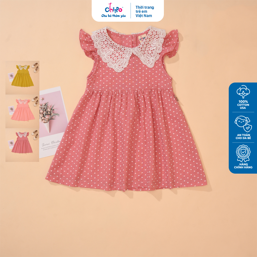 Váy cổ ren Chippo cho bé gái chất liệu 100% Cotton đũi  Váy thun Đầm cho bé từ 1 đến 5 tuổi (10-19Kg