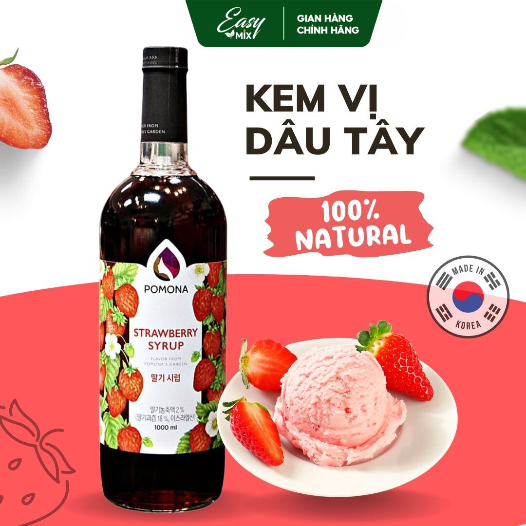 Siro Dâu Tây POMONA Strawberry Syrup Nguyên Liệu Pha Chế Hàn Quốc Chai Thủy Tinh 1 lít