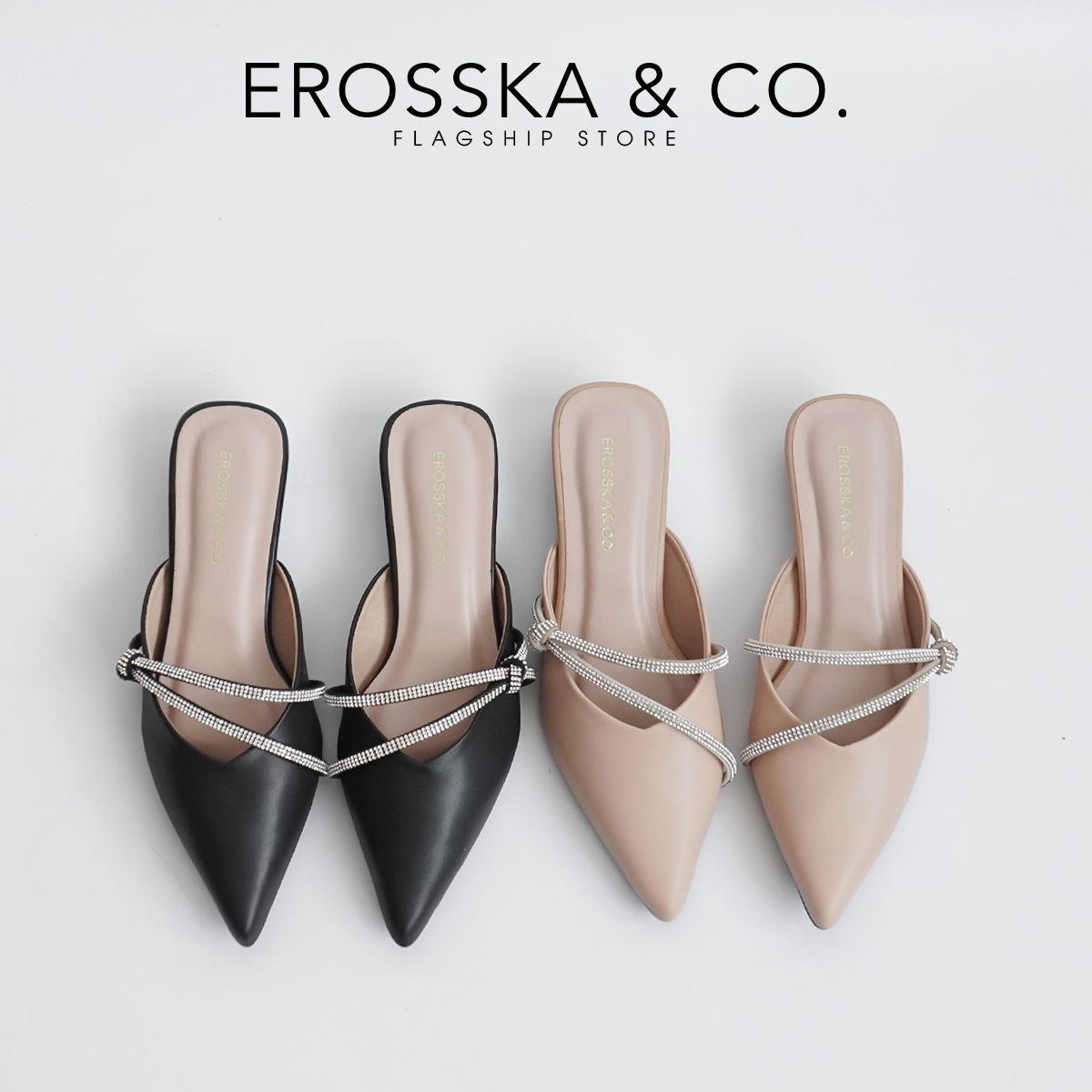 [Form nhỏ tăng 1 size] Erosska - Giày sục nữ mũi vuông phối dây đính đá sang trọng cao 3cm- EL029