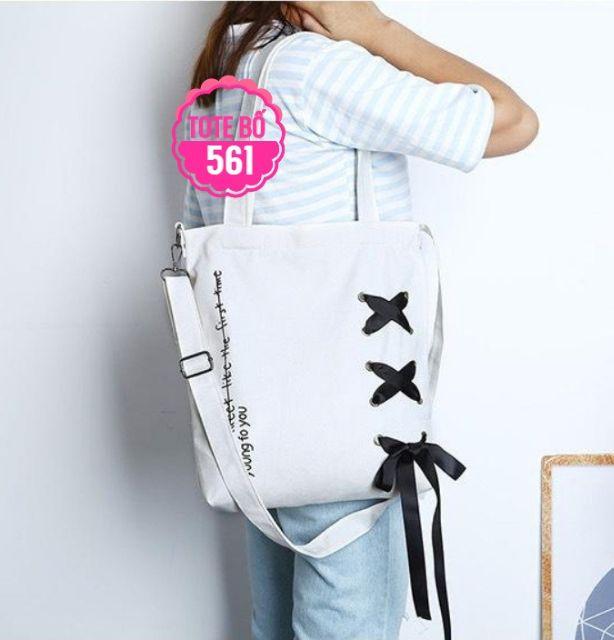 Túi tote vải bố phối dây ruy băng