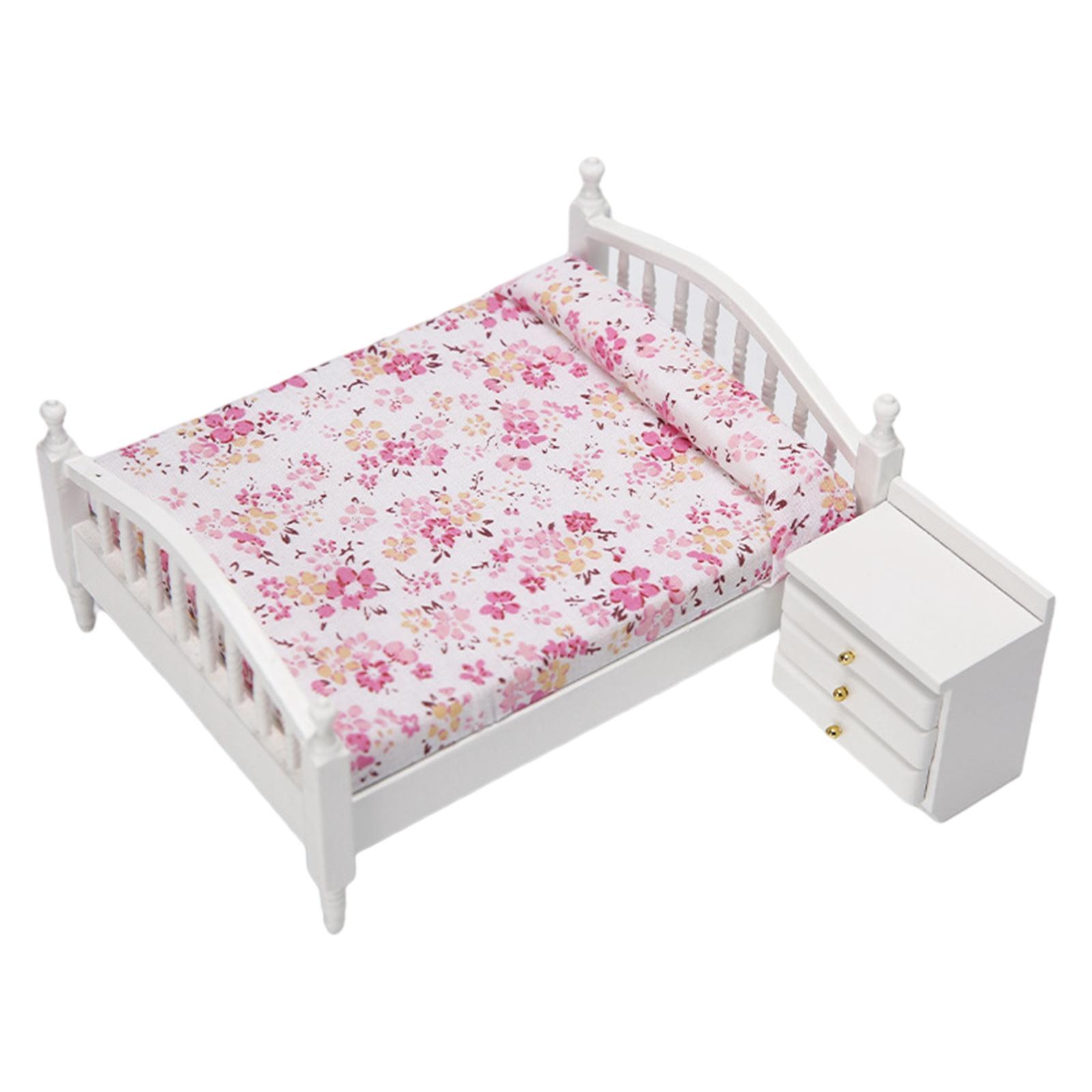 1:12 Scale Miniature Dollhouse Bed with Bed Cabinet Dollhouse Decoration