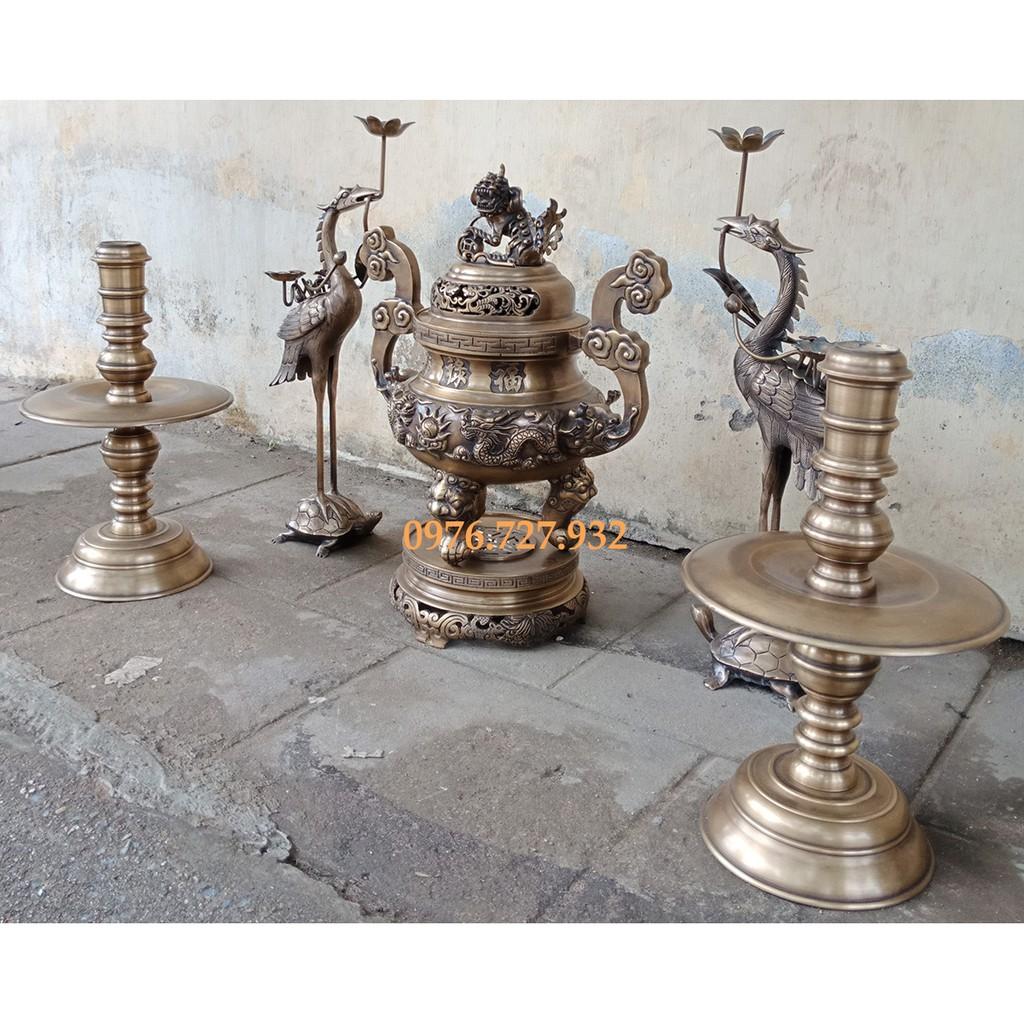 Đỉnh đồng song long đúc nổi, đồ thờ ngũ sự cao 60cm, đỉnh đồng, bộ đỉnh rồng
