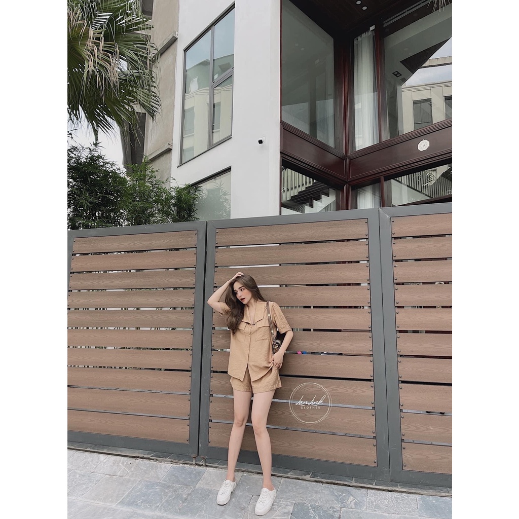 Set quần short áo sơ mi chất vải tơ xước sanh chảnh