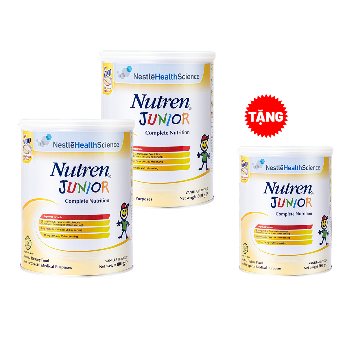Combo 2 lon thực phẩm dinh dưỡng Nutren Junior Thụy Sĩ 800g/lon dành cho trẻ tử 1 đến 10 tuổi - Tặng 1 lon Nutren Junior 800g
