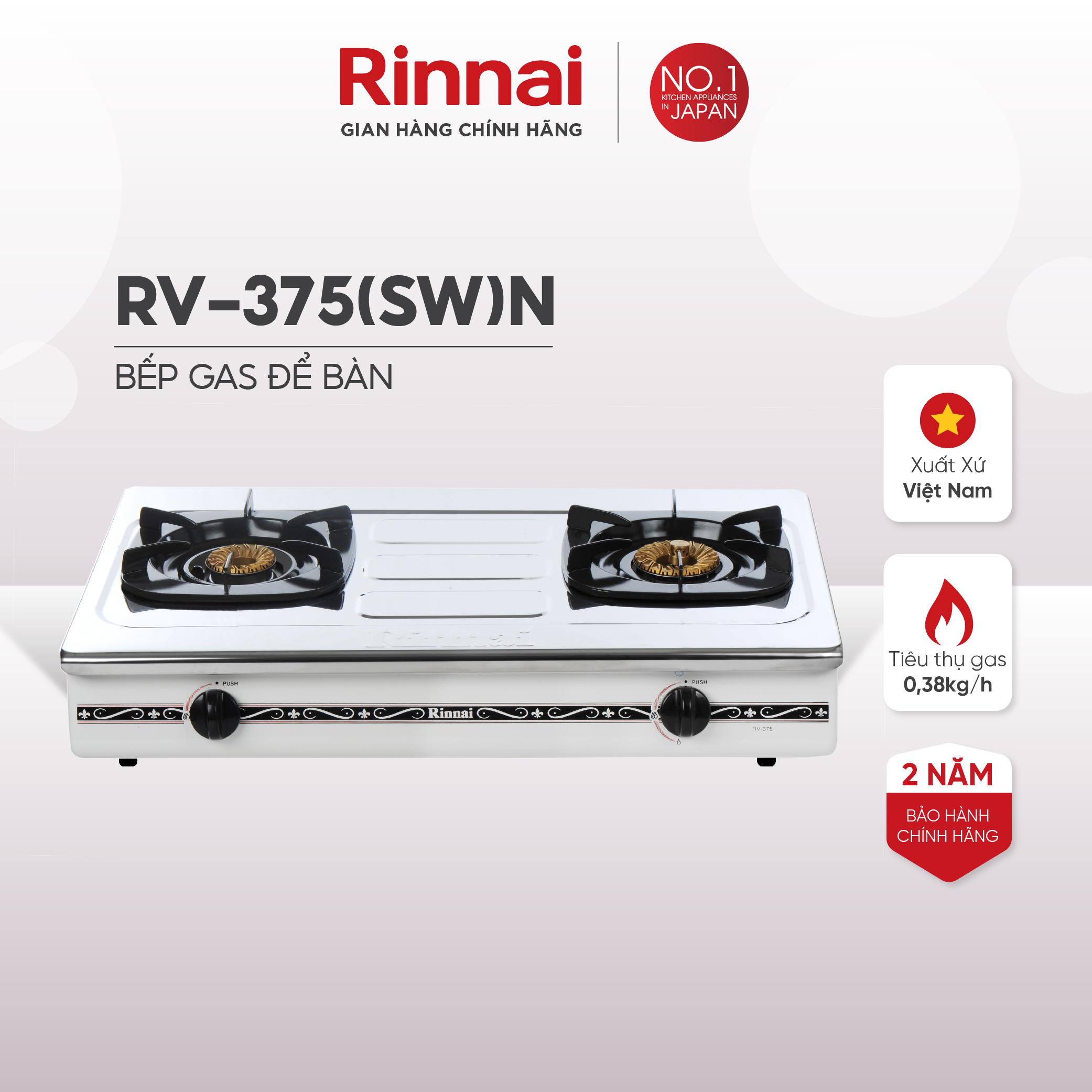 Bếp gas dương Rinnai RV-375N mặt bếp inox và kiềng bếp men - Hàng chính hãng.