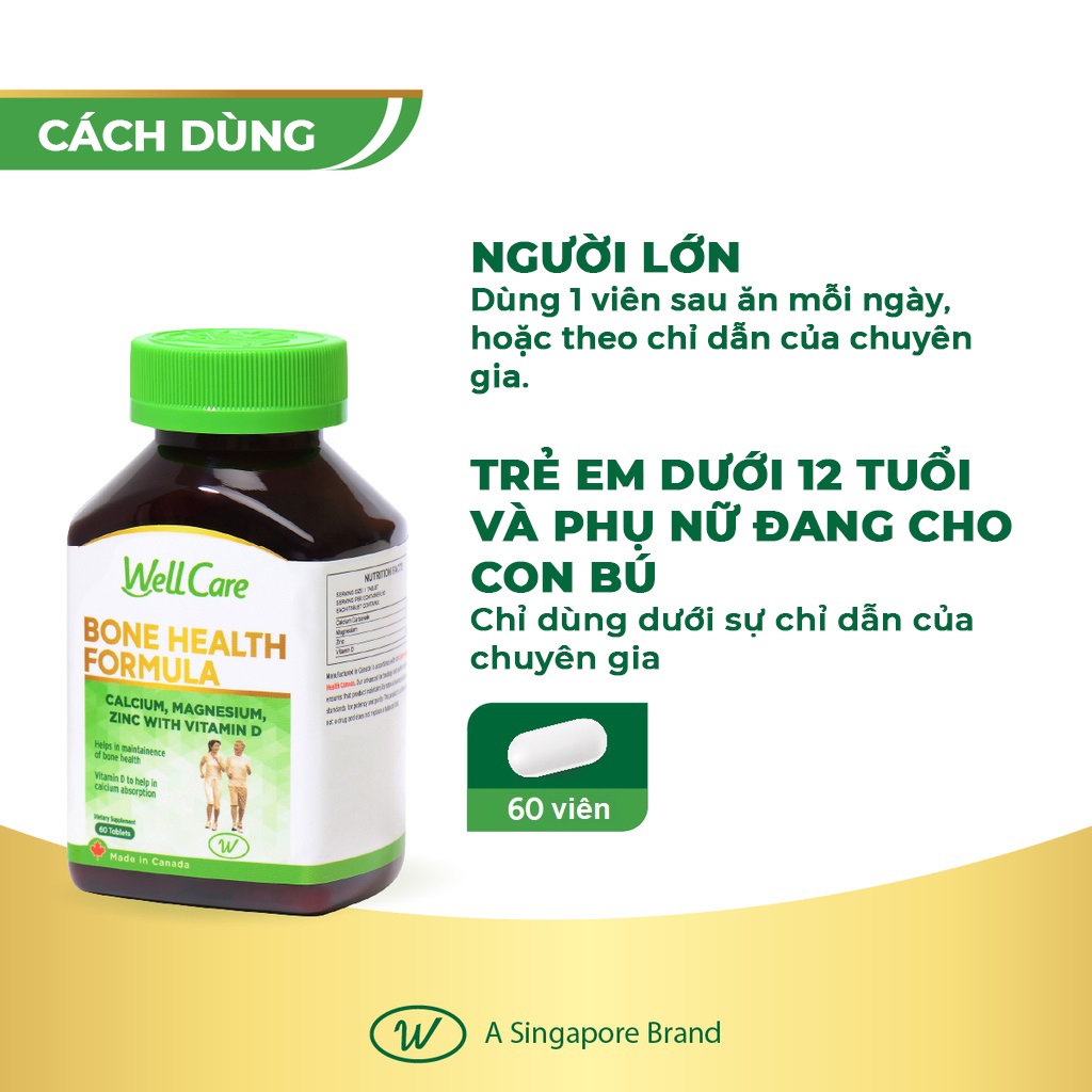 Viên uống bổ xương WellCare hỗ trợ cho xương chắc khỏe, phòng ngừa loãng xương với các thành phần từ Canxi, Magiê, Kẽm và Vitamin D (60 Viên/hũ) 