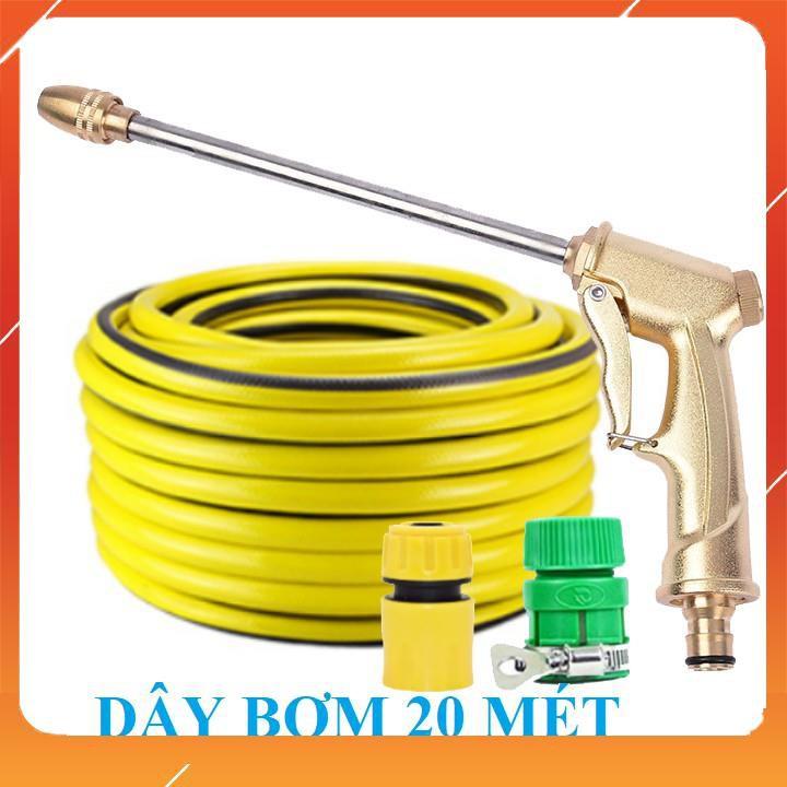 Bộ dây vòi xịt bơm nước tưới rửa , tăng áp 3 lần, loại 20m 206701-3 đầu đồng, cút nối vàng