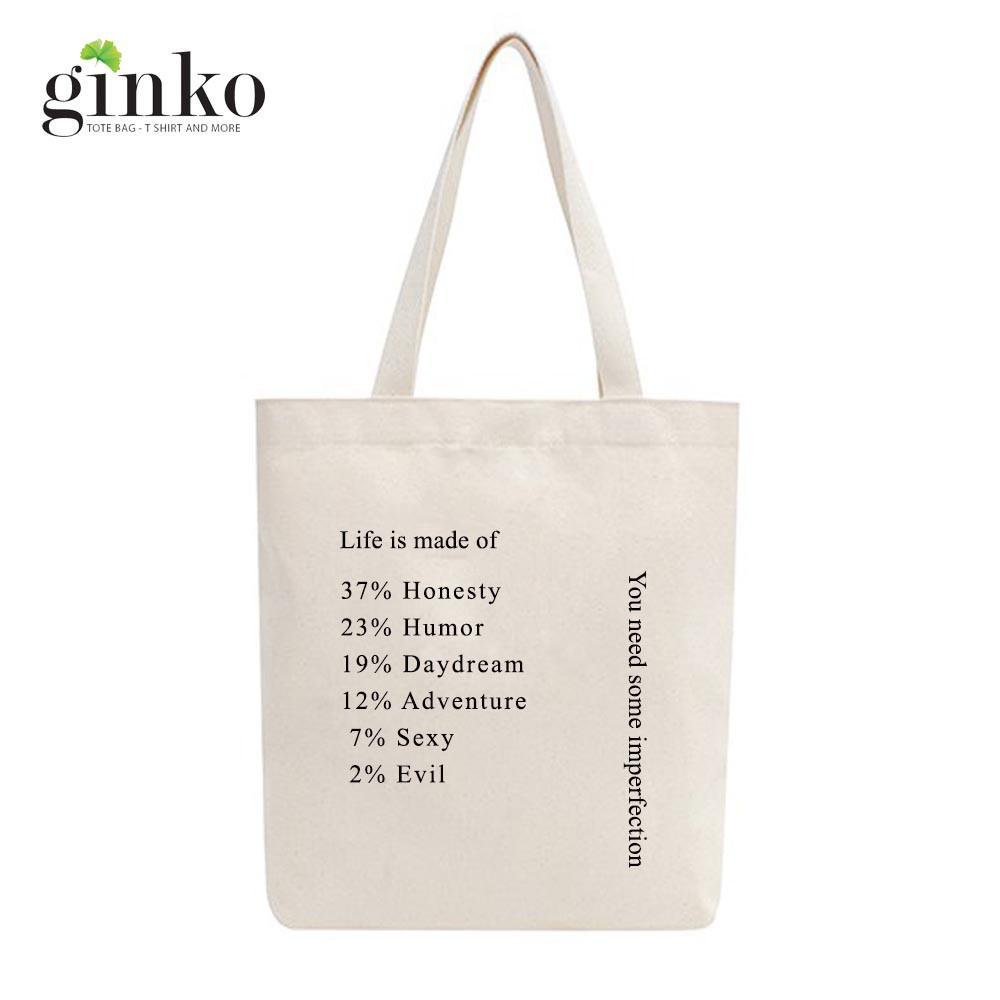 Túi Tote Vải Mộc Ginko kiểu basic có dây kéo khóa miệng túi đựng vừa laptop 14 inch và nhiều đồ dùng khác In Hình Life is Made of ... M24
