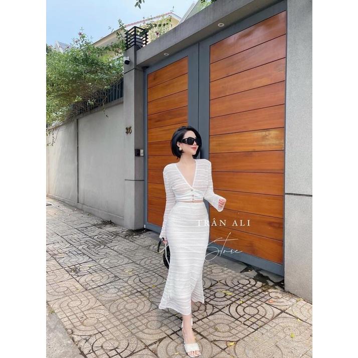 SET REN TRẮNG CỔ V MIX CHÂN VÁY