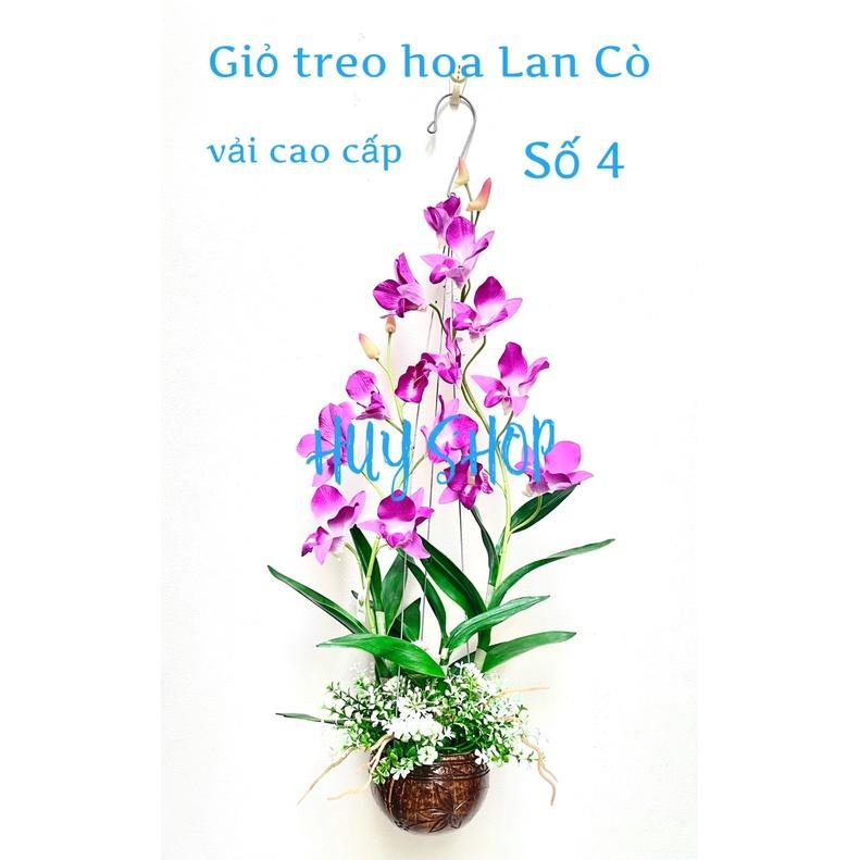 Giỏ gáo dừa Hoa LAN CÒ (cao 60cm) Vải cao cấp trang trí treo trần nhà