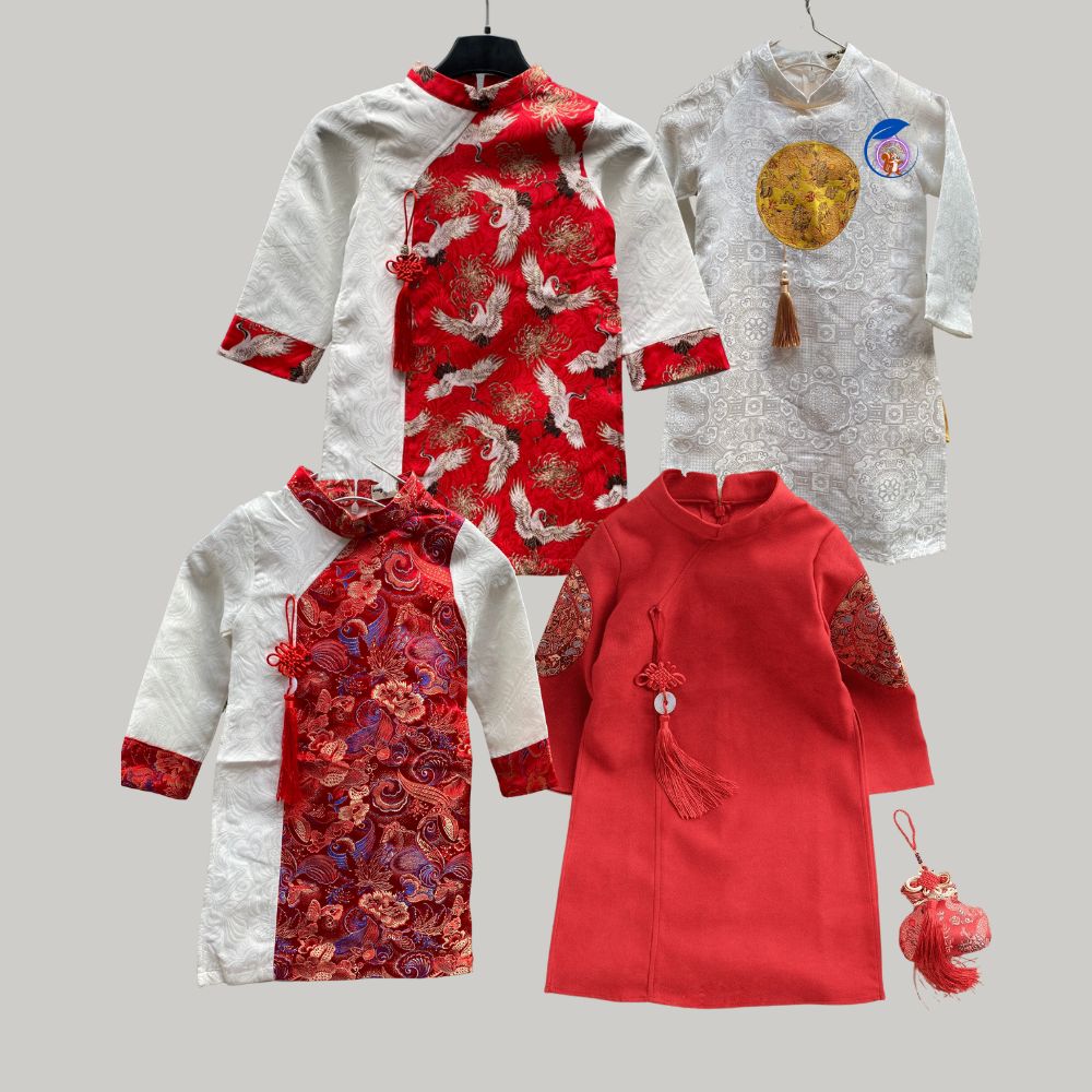 For Kid - Áo dài cách tân Time Design màu đỏ cho bé trai thêu hoa văn, áo dài truyền thống phụ kiện tua rua sang trọng cho bé