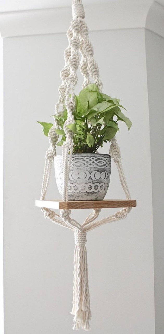 Kệ gỗ trang trí hình vuông dây treo tết macrame thủ công