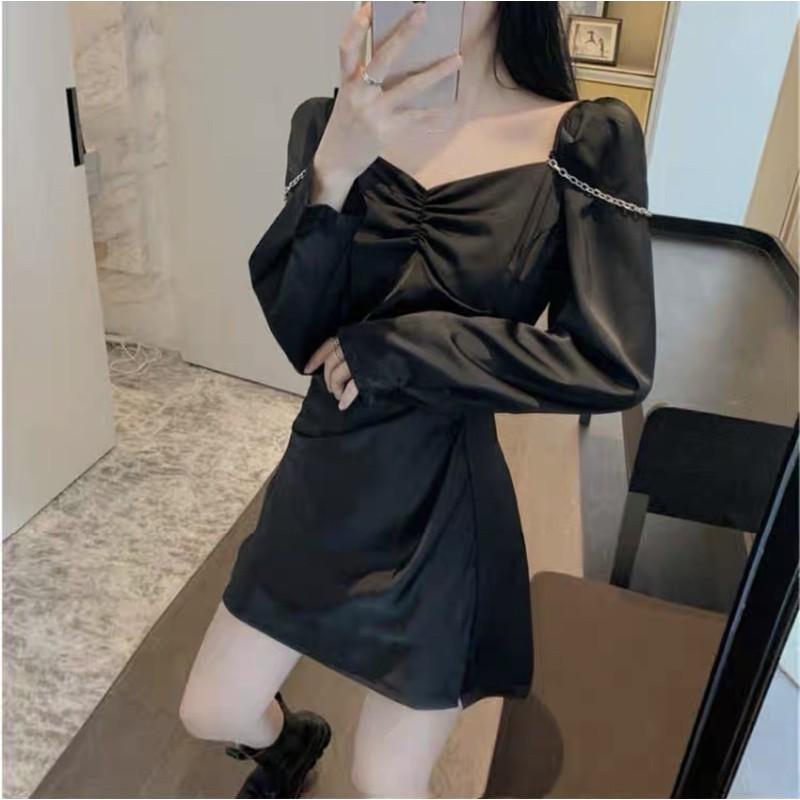Đầm dáng chữ A nhún eo tay dài phối xích tháo rời