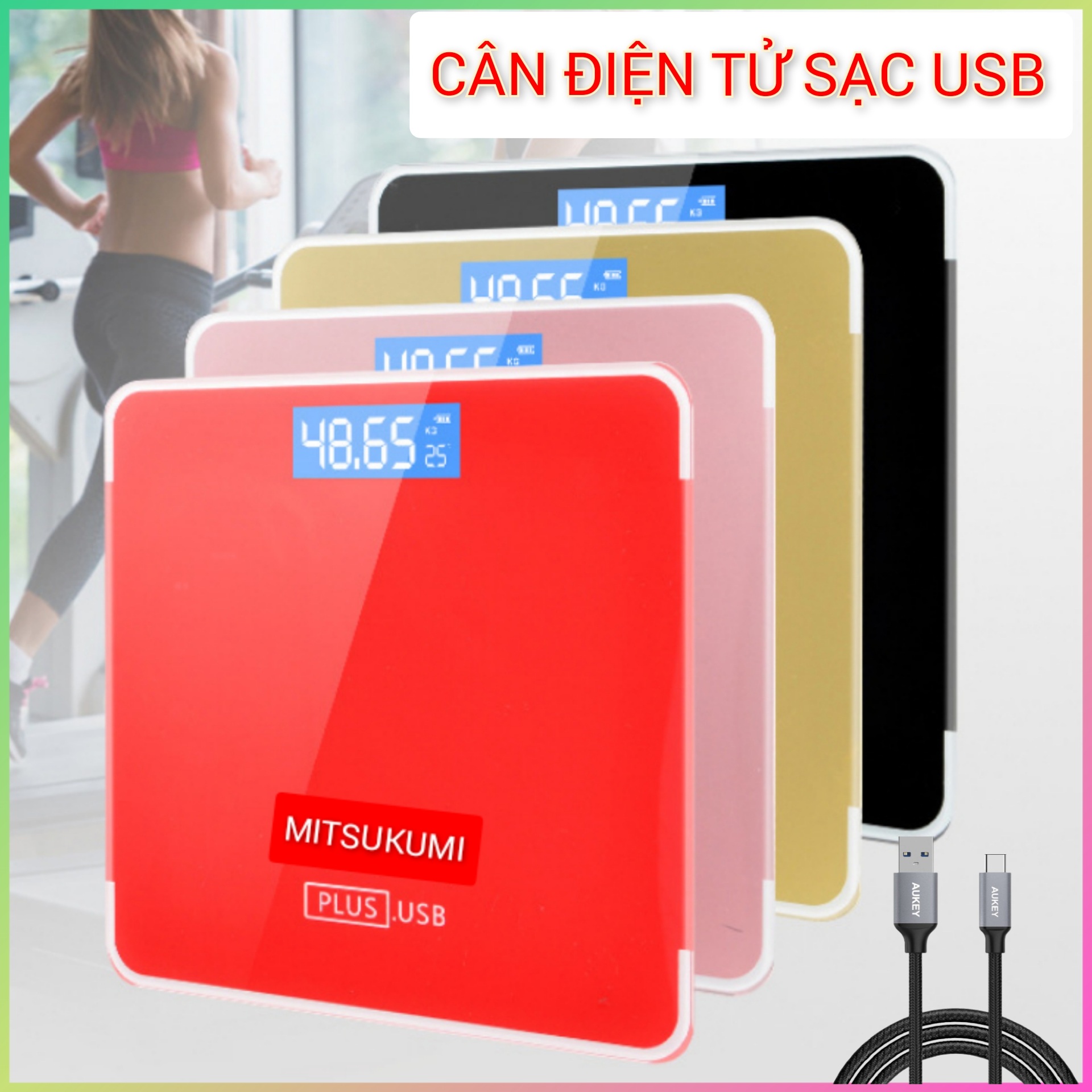 Cân Điện Tử Sạc USB, Cân Sức Khỏe Gia Đình Hiển Thị Nhiệt Độ Phòng, Có Đèn LED, Tặng Cáp Sạc + Thước Dây