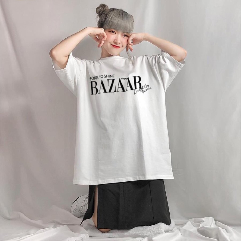 Áo Thun Nữ Màu Xanh In Chữ BORN TO SHINE BAZAAR