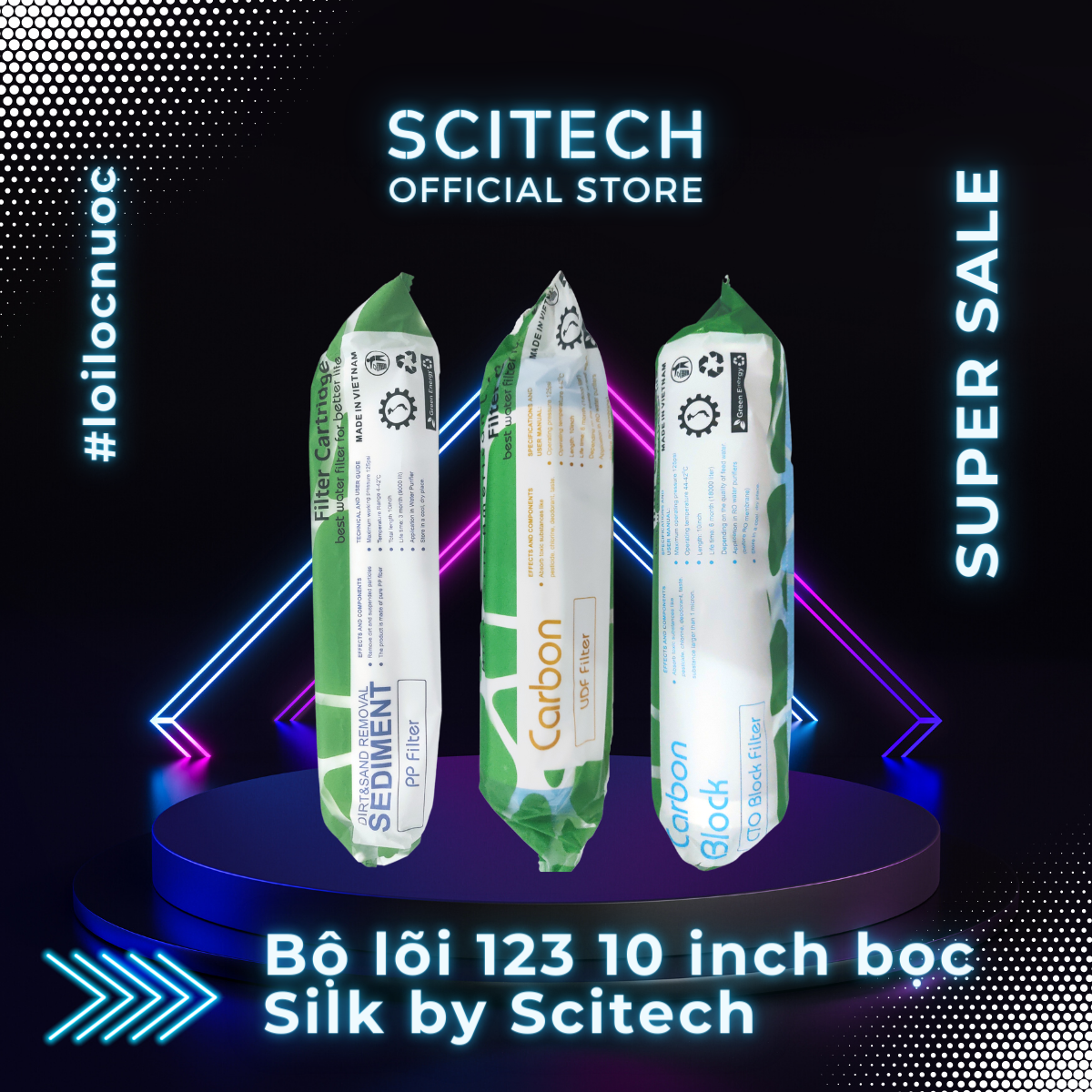 Bộ lõi số 1,2,3 10 inch by Scitech (Lõi PP-UDF-CTO) - Dùng cho máy lọc nước RO, bộ lọc thô - Hàng chính hãng