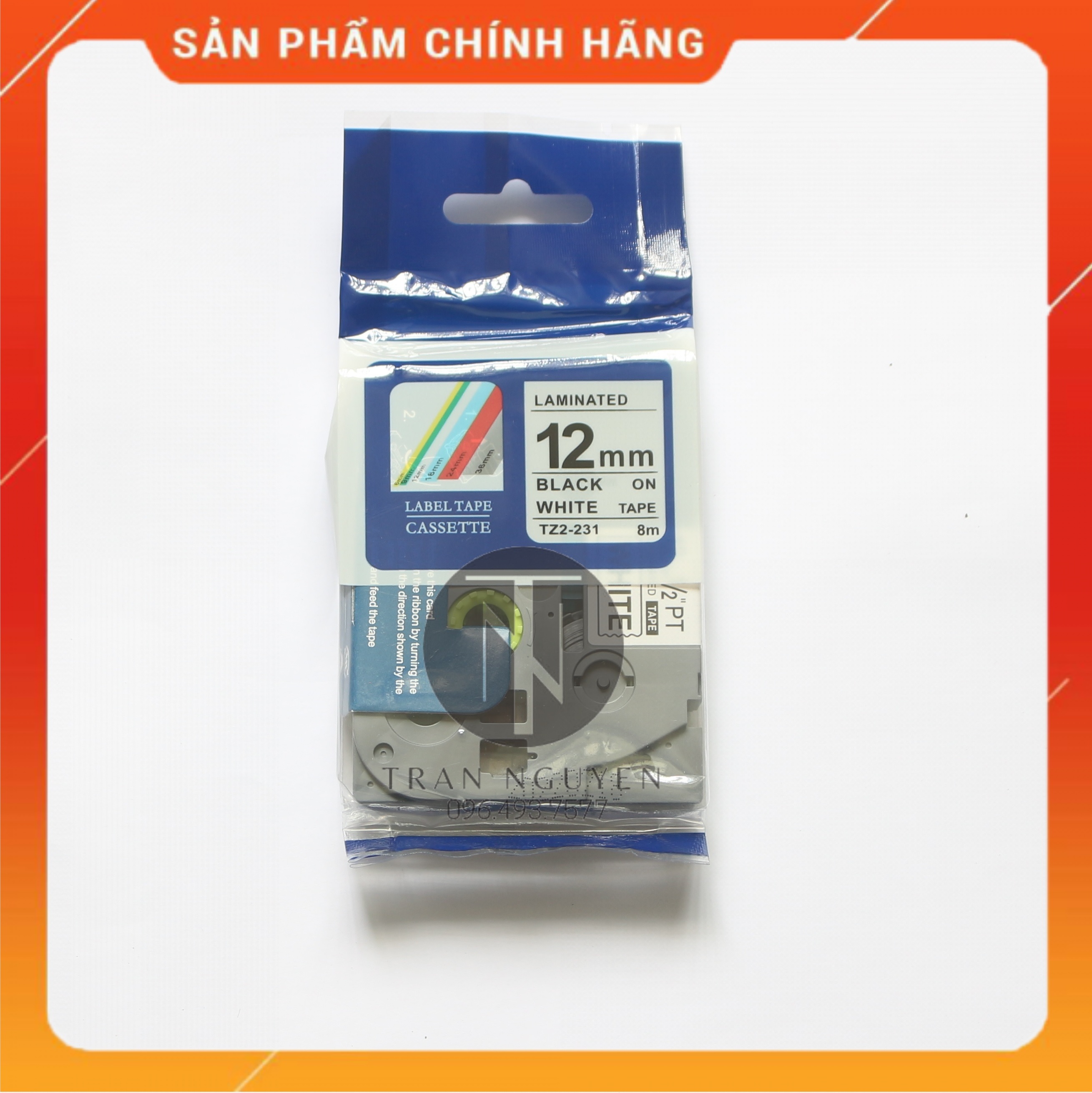 [Combo 5 hộp] Nhãn In đa lớp Tz2-231 - Đen nền trắng 12mm x 8m - Hàng nhập khẩu