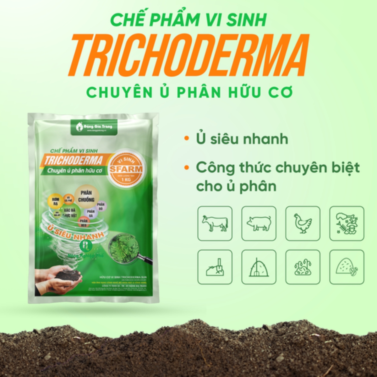 Chế phẩm vi sinh Trichoderma SFARM chuyên ủ phân hữu cơ - Gói 1kg