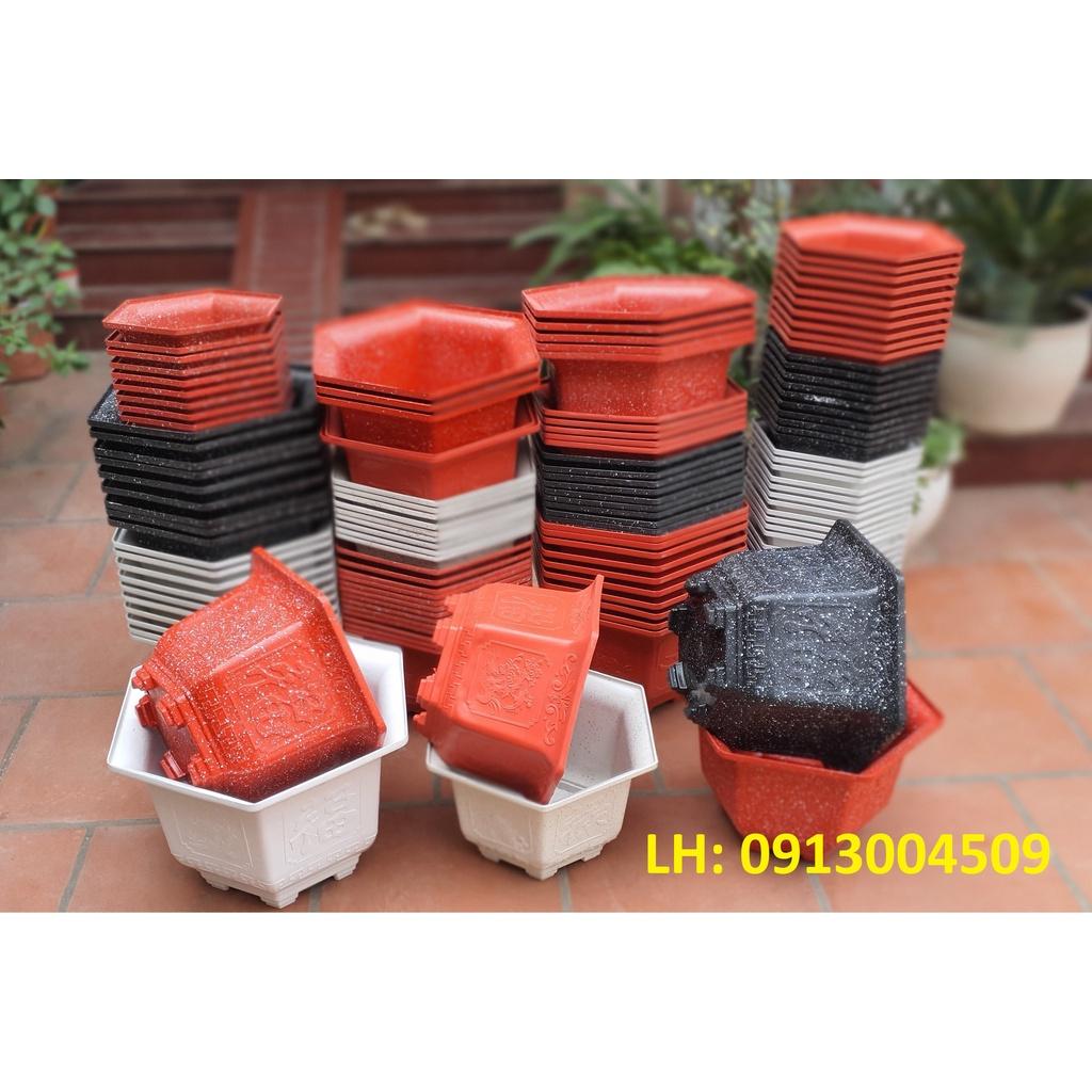 Chậu nhựa lục giác hoa văn Phúc, Lộc, Thọ L20 đa sắc màu