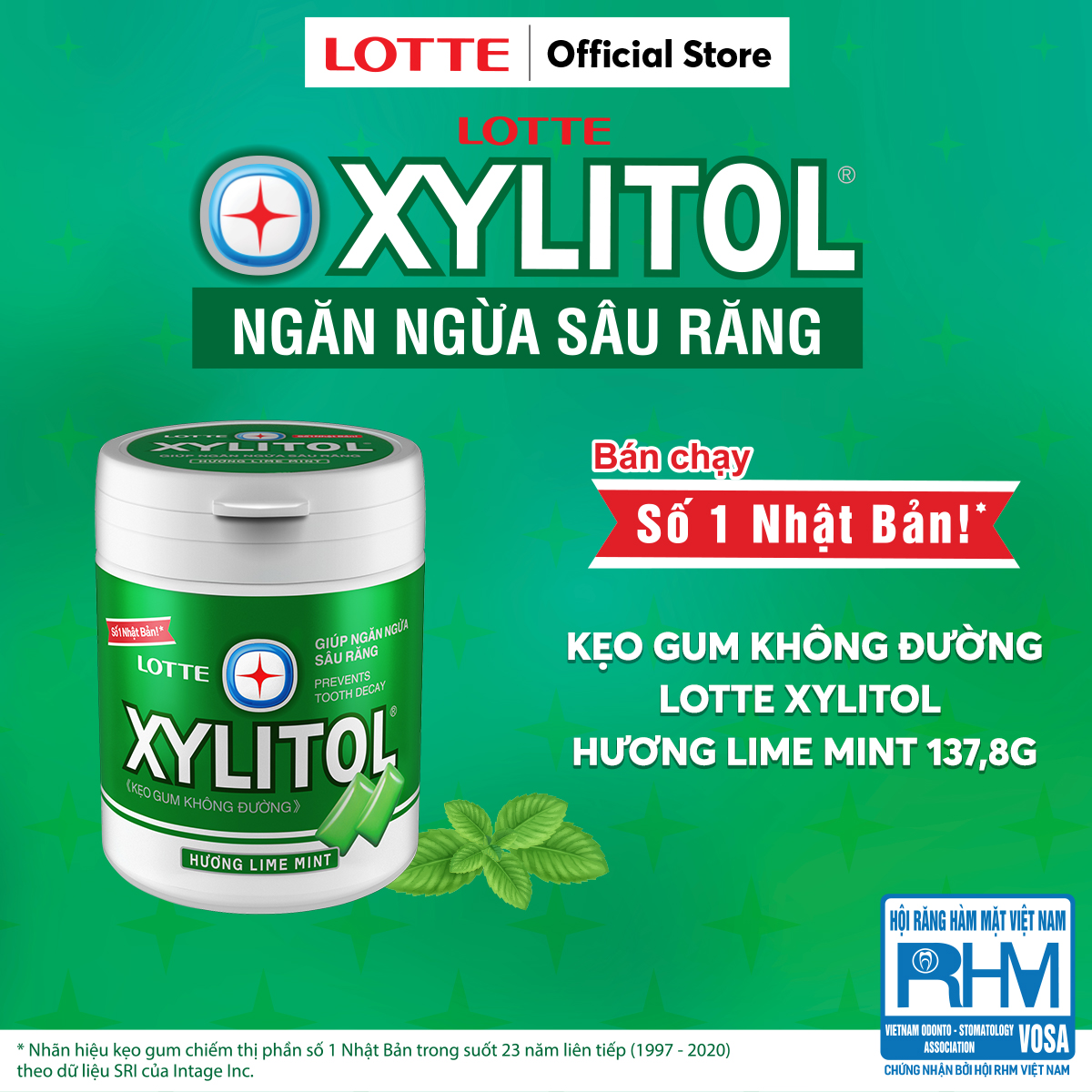 Kẹo Gum không đường Lotte Xylitol - Hương Lime Mint 130,5 g