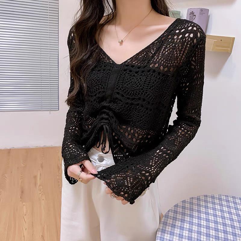 Áo khoác len lưới nữ dáng rộng tay dài kiểu cổ V dệt kim đi biển thời trang thiết kế Quảng Châu trẻ trung