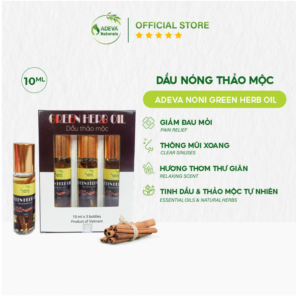 Dầu thảo dược Adeva Naturals - Green herb oil (set 3 chai 10 ml) - Sản phẩm của Việt Nam - Dầu thảo mộc giúp thư giãn, giảm đau nhức, làm dịu vết côn trùng cắn, hít ngửi làm thông mũi, họng.