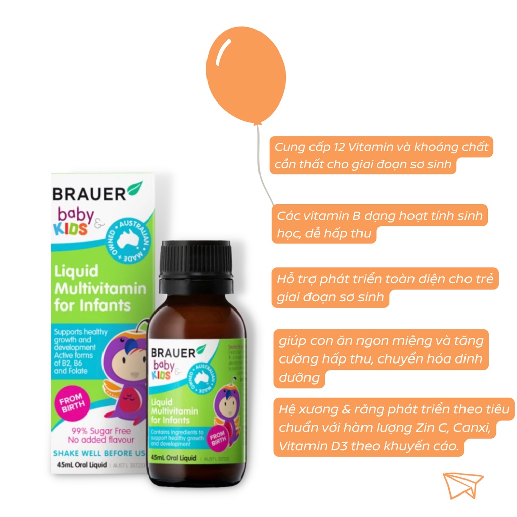 Vitamin tổng hợp cho trẻ sơ sinh 1-3 tuổi Brauer Baby &amp; Kids Liquid Multivitamin For Infant tăng sức đề kháng - QuaTangMe Extaste