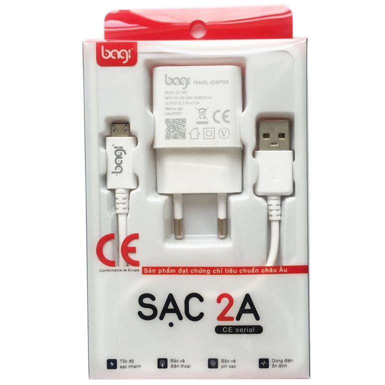 Combo Củ Sạc, Cáp Sạc Micro USB Bagi CB-M52 - Hàng chính hãng