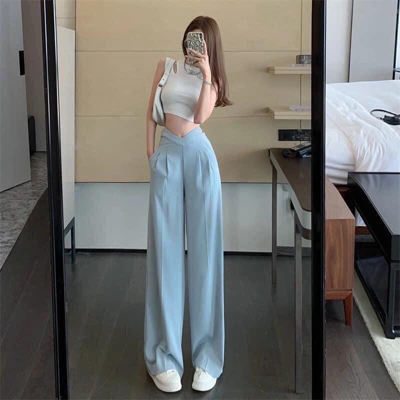 Quần ống rộng nữ suông dài cách điệu eo