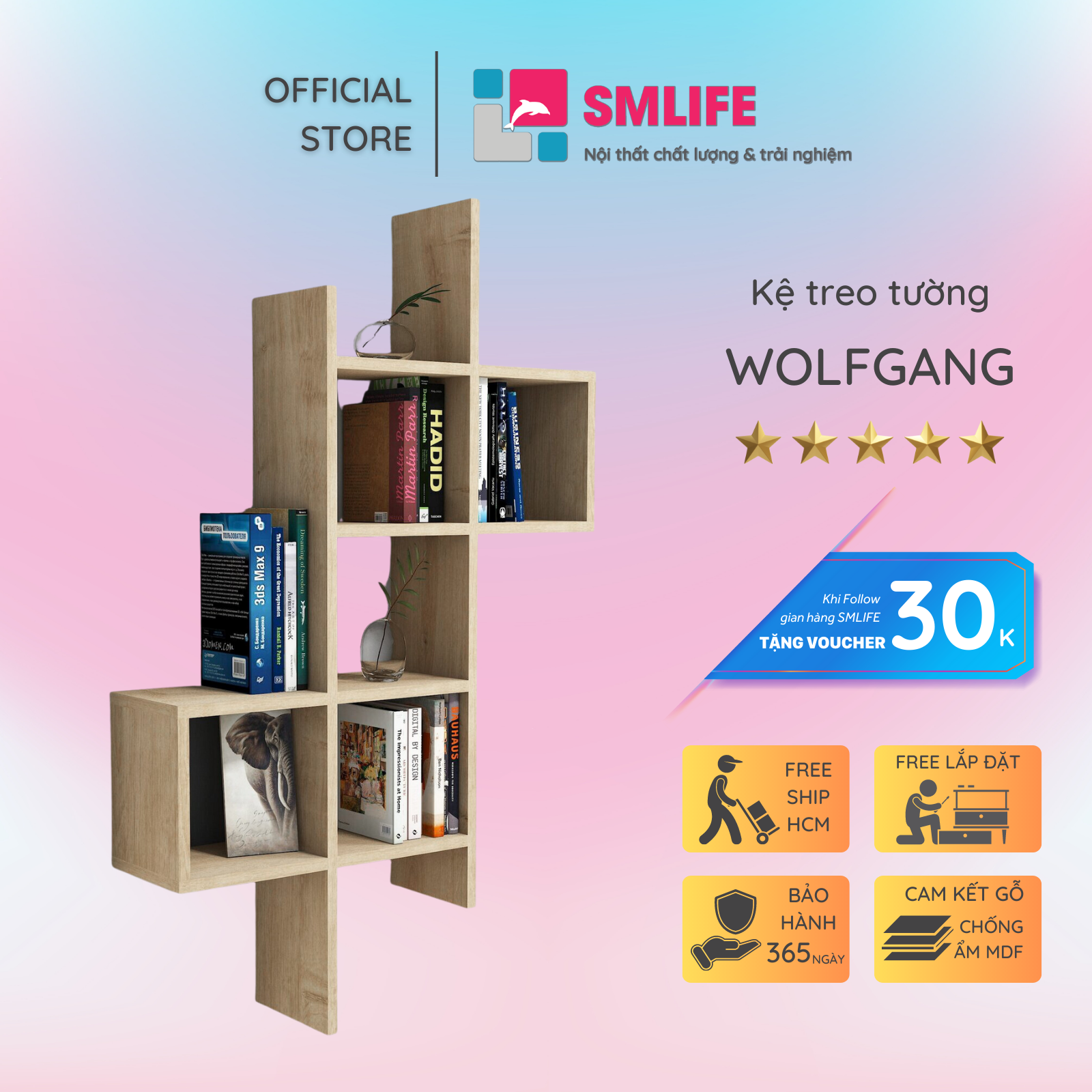 Kệ gỗ trưng bày kiểu dáng thanh lịch SMLIFE Wolfgang