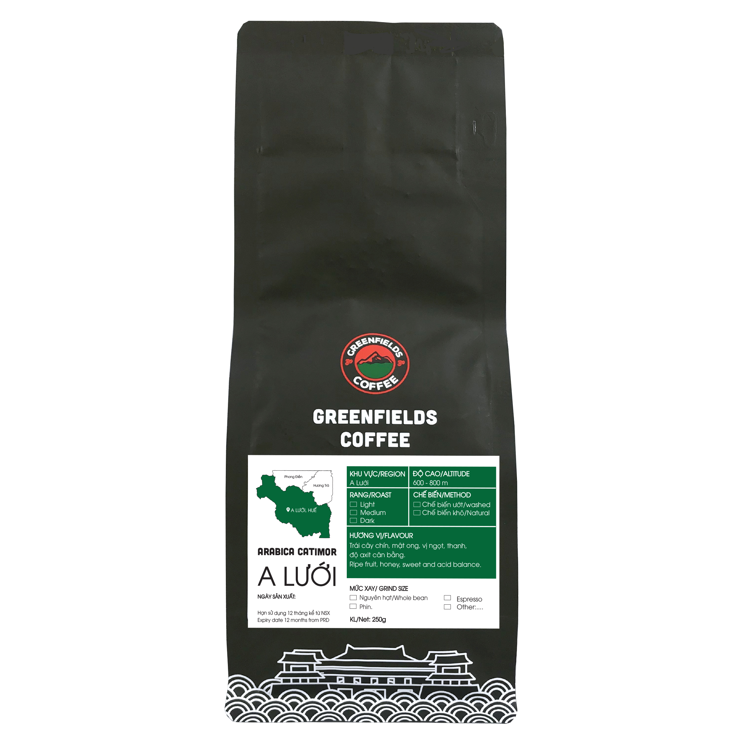 Cà phê đặc sản Huế - Arabica A Lưới (chế biến khô) Greenfields Coffee 250g