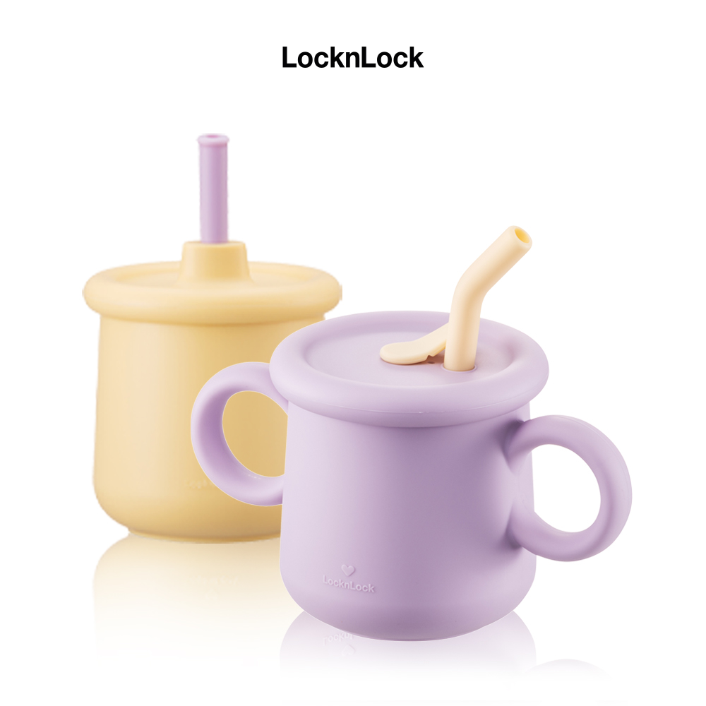 Bộ ly cốc cho bé Lock&amp;Lock 200ml Little Luv Silicone Straw Cup màu tím vàng LBB015S7VOL - Hàng chính hãng có quai cầm và ống hút - JoyMall
