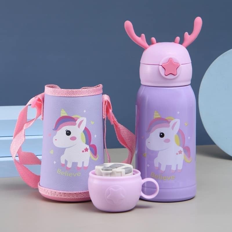 Bình Nước Giữ Nhiệt Inox Cao Cấp 500ml Hình Hươu Cute Cho Bé Có Ống Hút,Bao Đựng và Dây Đeo