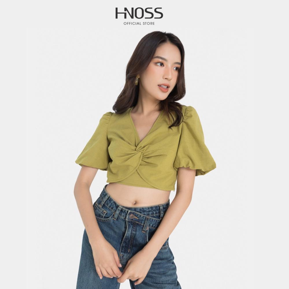 ÁO KIỂU CROP NỮ HNOSS XOẮN TAY PHỒNG HNAKI056