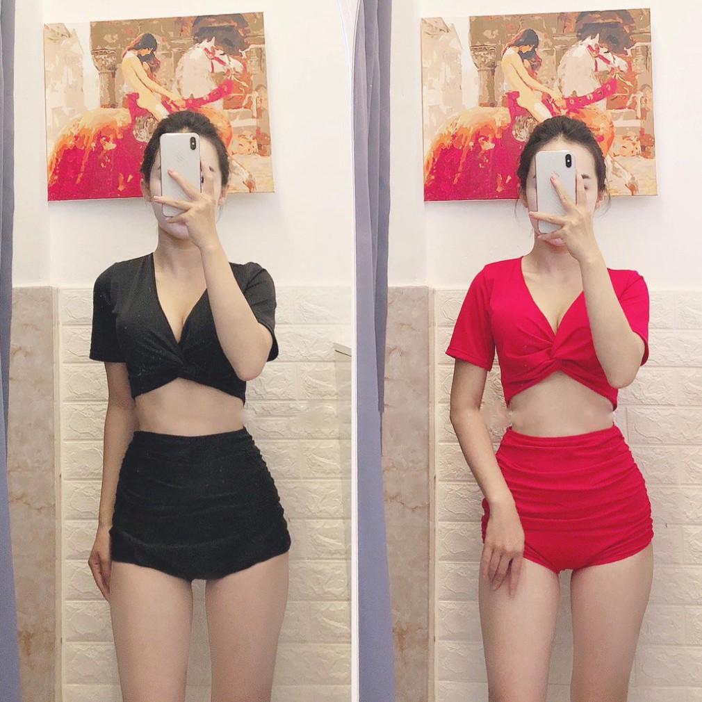 Set bikini tay ngắn xoắn ngực + quần lưng cao siêu hot
