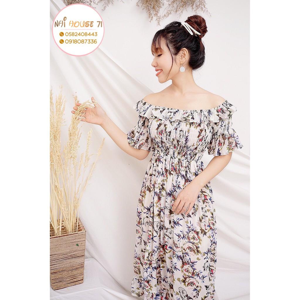 Đầm Voan Hoa NHIHOUSE71 Dáng Xòe Qa Gối bẹt Vai Dún Chỉ Freesize Dưới 56kg
