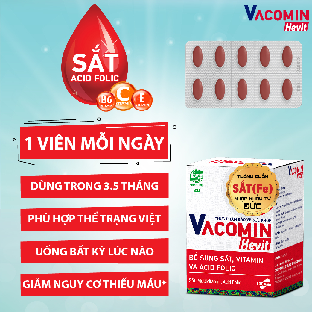 Viên Uống Bổ Sung Sắt (Fe) Cho Người Có Nguy Cơ Thiếu Máu | Kết Hợp Acid Folic, Vitamin C, E, B6 - TPCN Shinpoong Vacomin Hevit Hộp 100 Viên