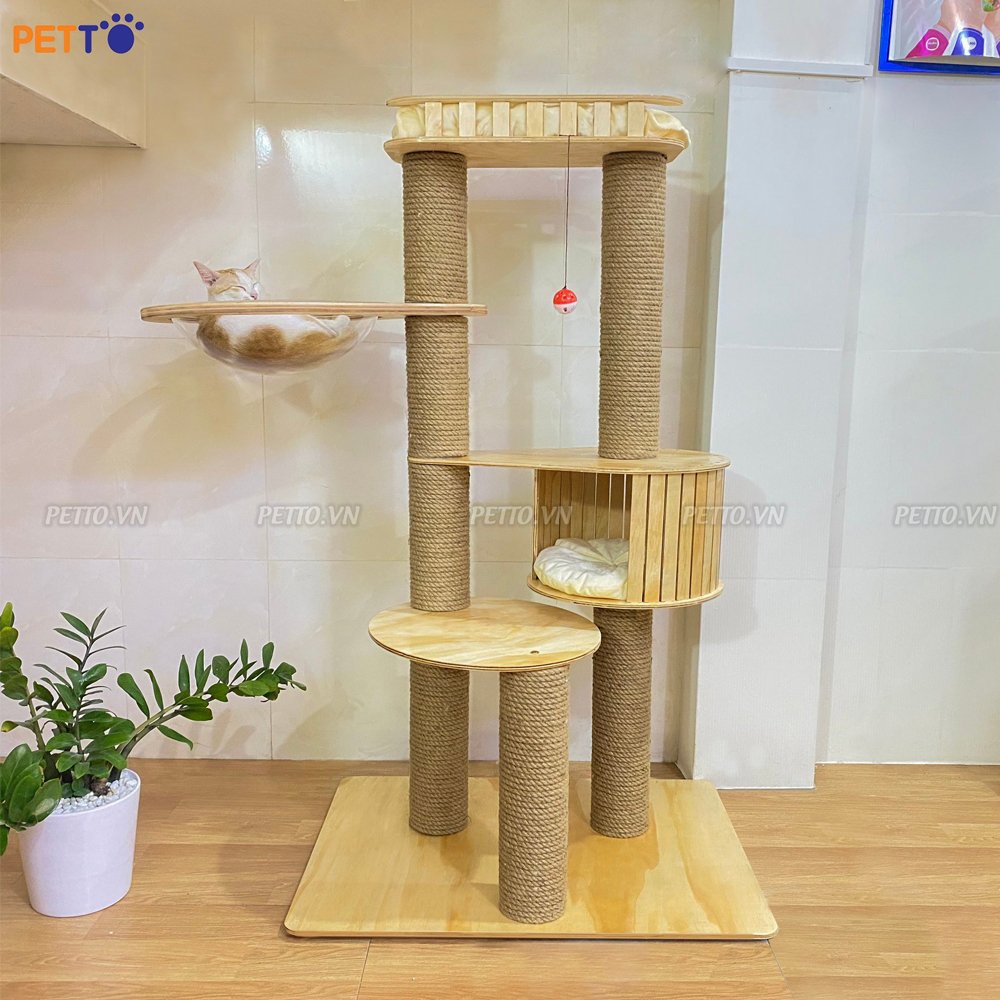 Nhà cây cho mèo PETTO nhiều tầng bằng GỖ có LỒNG KÍNH nhà mèo cao cấp siêu xinh  vui chơi thỏa thích CH017