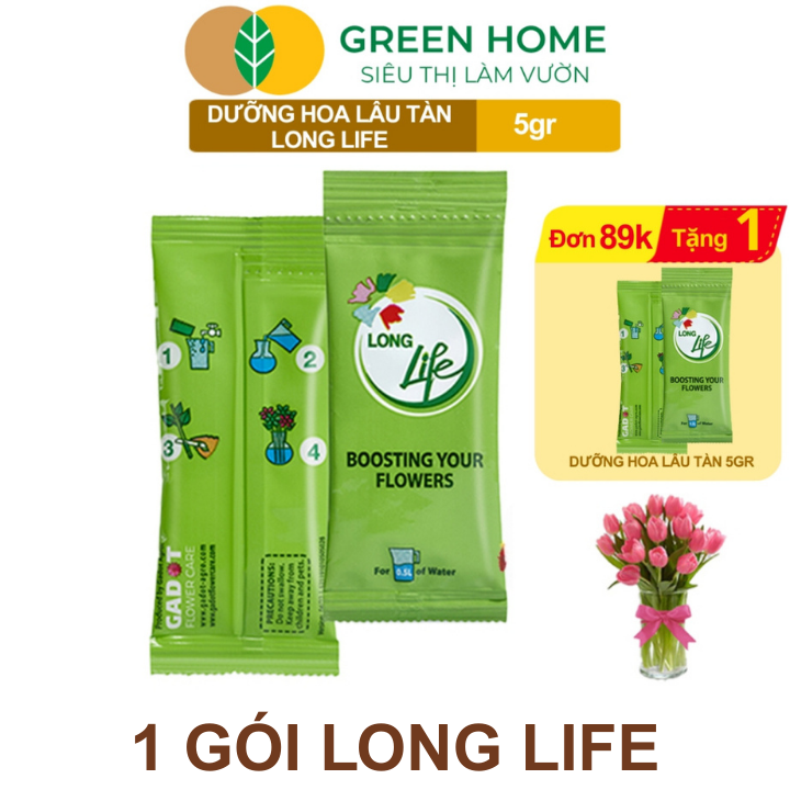 Dưỡng Hoa Tươi Lâu Greenhome, Longlife, Phân Bón Cho Hoa Cắt Cành, Gói 5gr, Lâu Tàn, Nở Bông To, Không Bị Hôi Nước