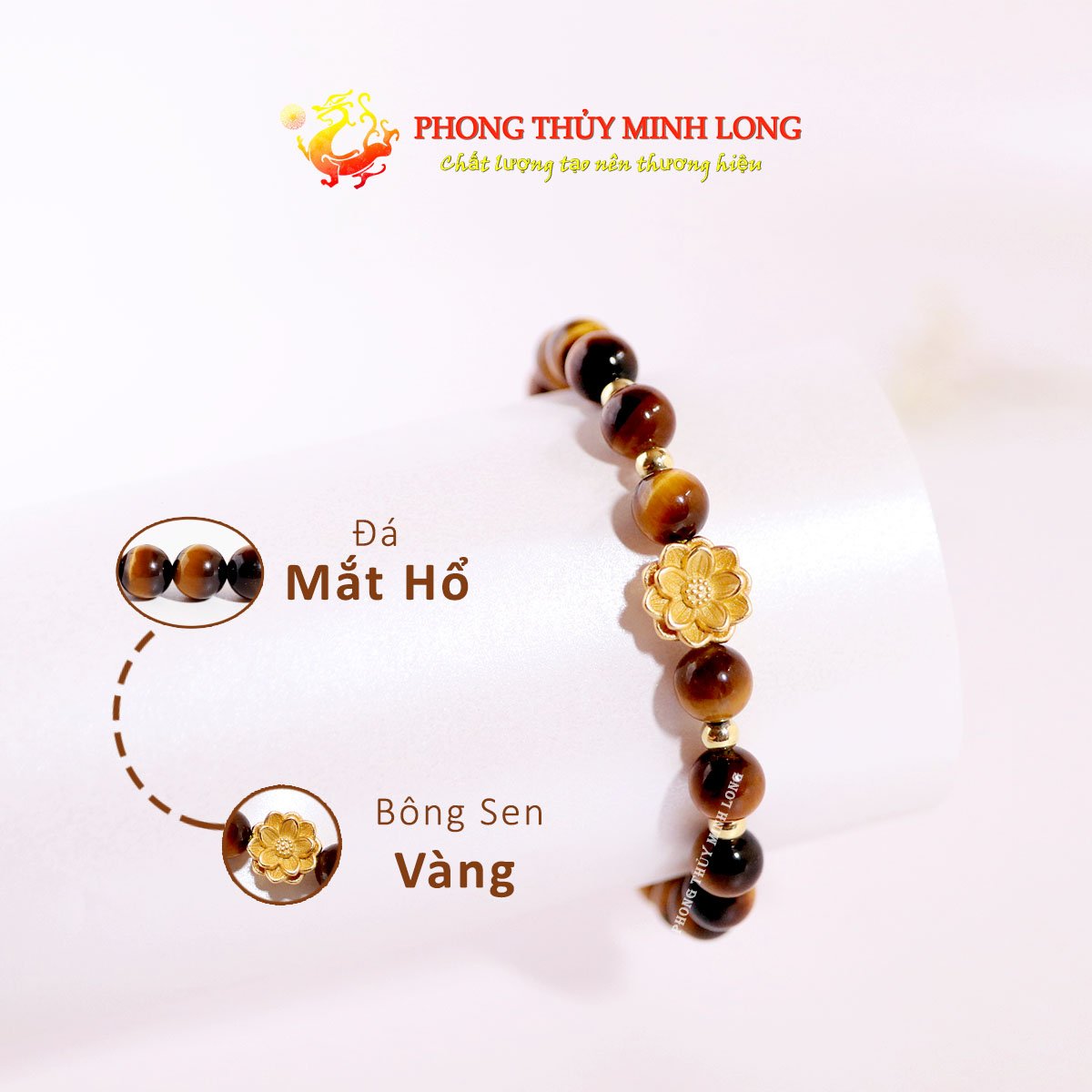 Vòng tay đá mắt hổ vàng nâu mix bông sen vàng