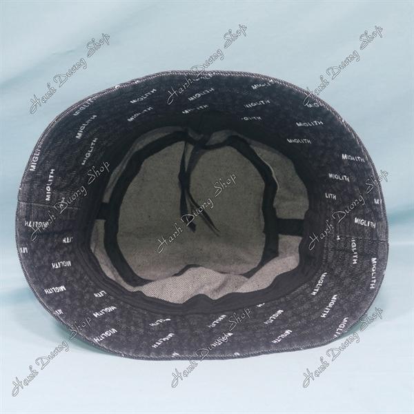 Nón tai bèo jean hàng quảng châu vòng đầu 57-58cm, mũ bucket in chữ Miglith vành rộng 6cm có dây rút phía trong - Đen
