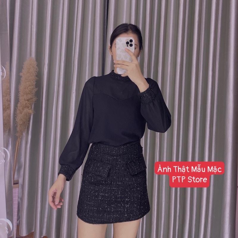 Sét Áo Voan Đen Mix Chân Váy Dạ Siêu Xinh Có Ảnh Thật Kèm Video