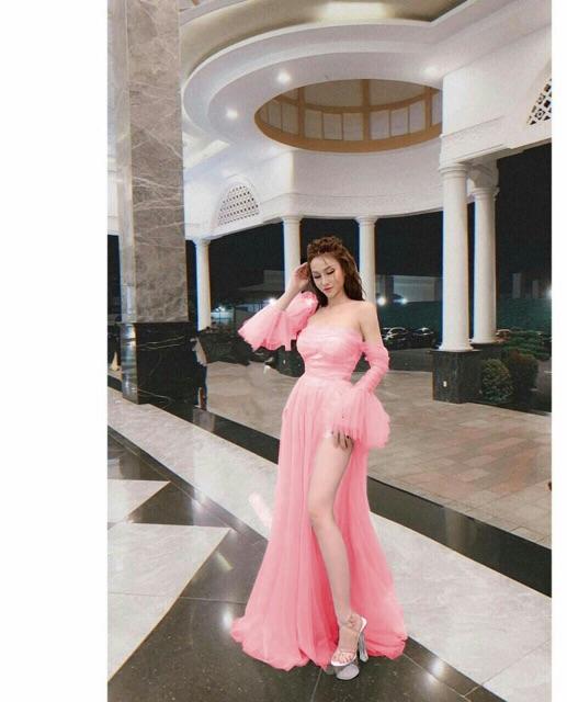 Maxi bẹt vai lưới tay loa xẻ đùi
