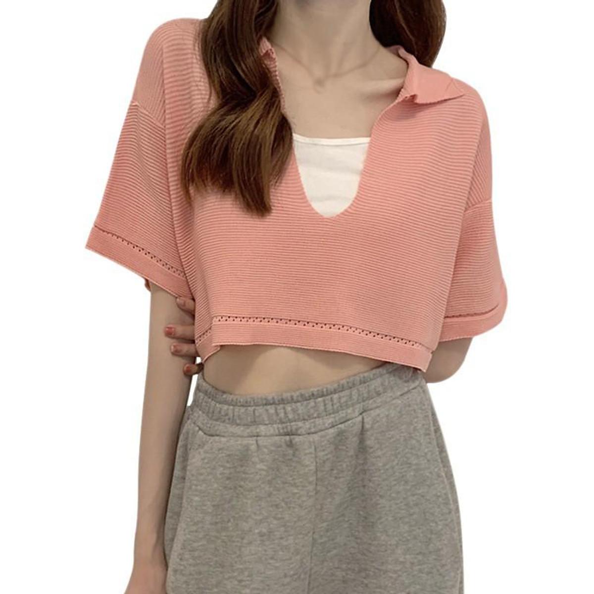 Áo Croptop Dệt Kim Tay Ngắn Thiết Kế Cổ Chữ V Quyến Rũ Xinh Xắn Cho Nữ - Hồng