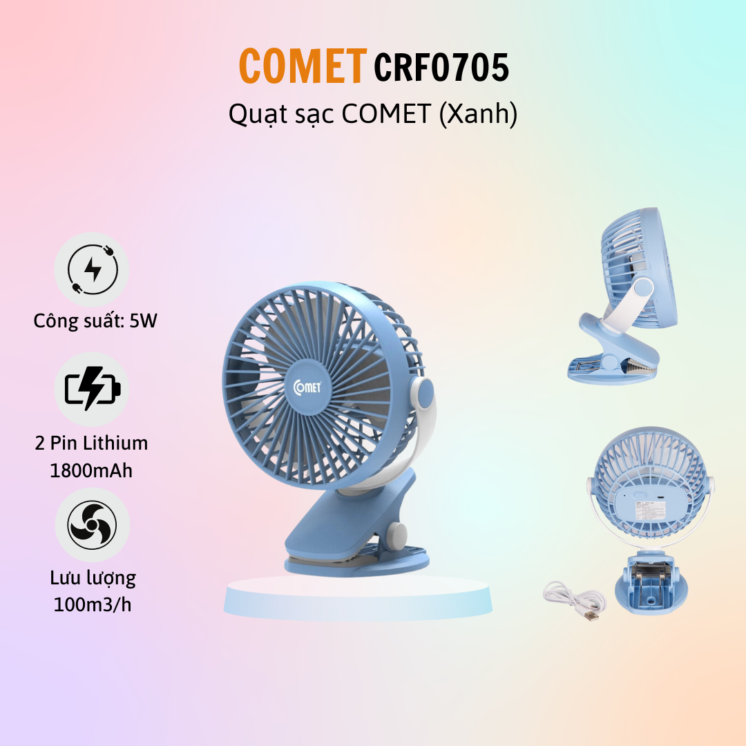 Quạt sạc mini | Quạt tích điện | Quạt kẹp nôi, xe đẩy thương hiệu Comet CRF0705 - Hàng chính hãng - BH 12 tháng - 15 ngày đổi mới