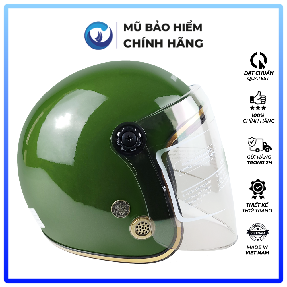 Mũ Bảo Hiểm 3/4 Blue Sea - Có Kính Dài - ABS Nguyên Sinh - A100K - Chắn Gió Cao Cấp - Chính hãng